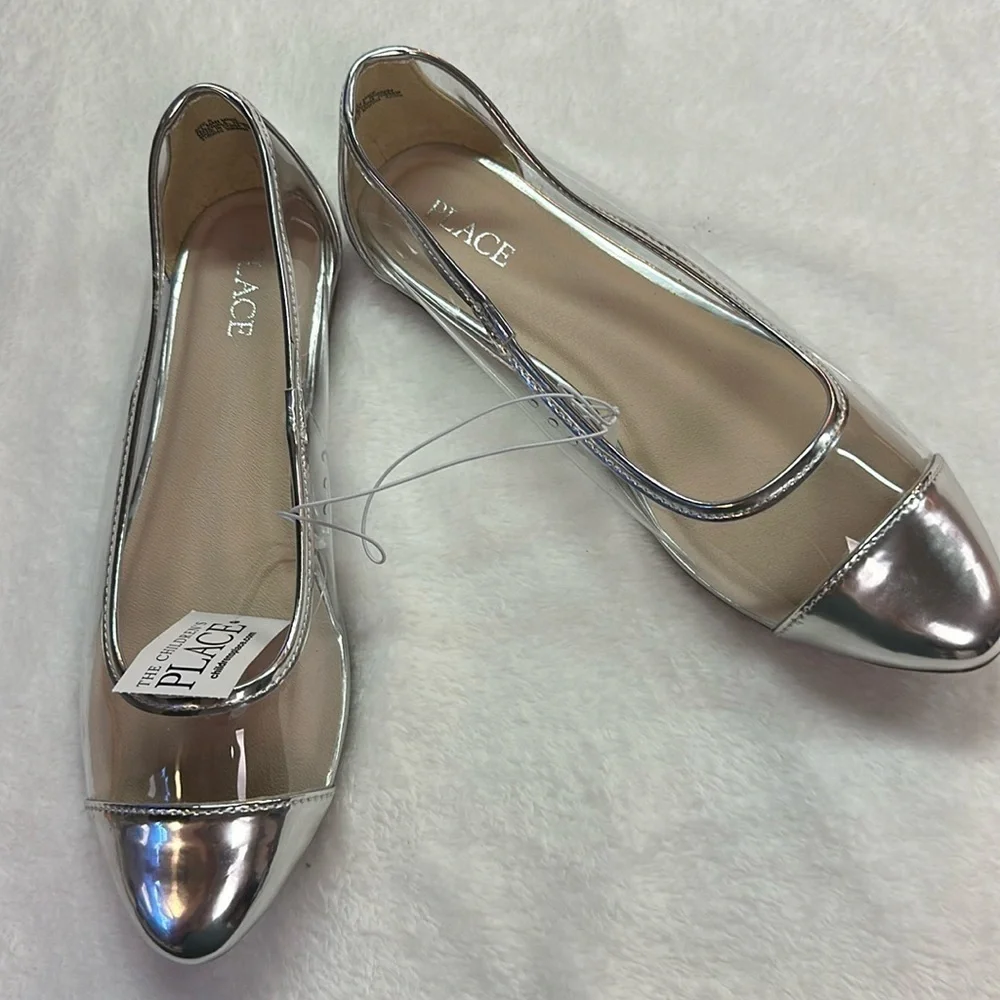 The Childrens Place Youth Silver/Clear Dressy Ballet Flats NonMark Soles NWT S 5